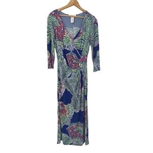 Laundry BY DESIGN Faux Wrap Maxi Dress L Blue Slinky Stretch 3/4 Sleeve Travel